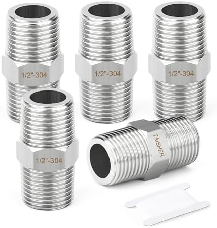 TAISHER 5PCS 304 SS New Hex Nipple,1/2" NPT Male, Pipe Adapter Fitting
