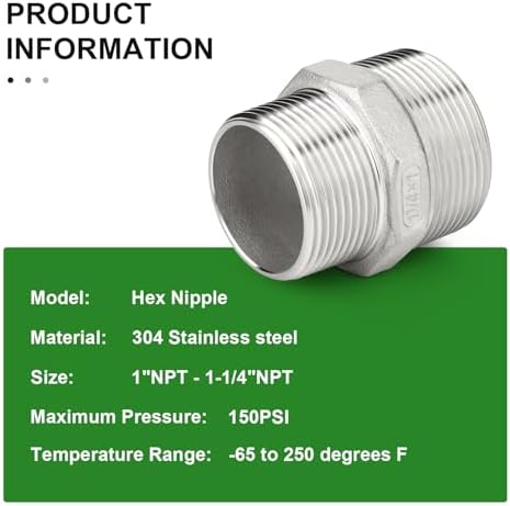 TAISHER 2PCS Cast 304 Stainless Steel Hex Nipple, Reducer Pipe Fitting 1-1/4" NPT Male x 1" NPT Male