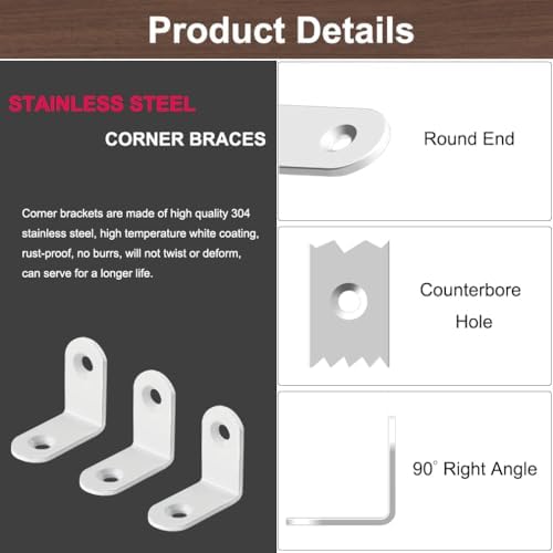 20 Pcs White L Bracket 1 Inch Stainless Steel Corner Braces, 25x25MM 90 Degree Right Angle Joint Brackets for DIY Wood, Furniture, Frame, with Screws