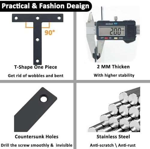 SAYAYO T Brace, 120x120mm (5" x 5") T Brackets Mending Plate Flat Repair Plates Joining Bracket Brace, Stainless Steel Matte Black, 6 Pcs