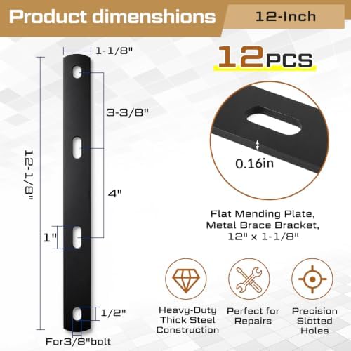 Zonon 12 Pack 12 Inch Steel Mending Plates, Straight Repair Brackets