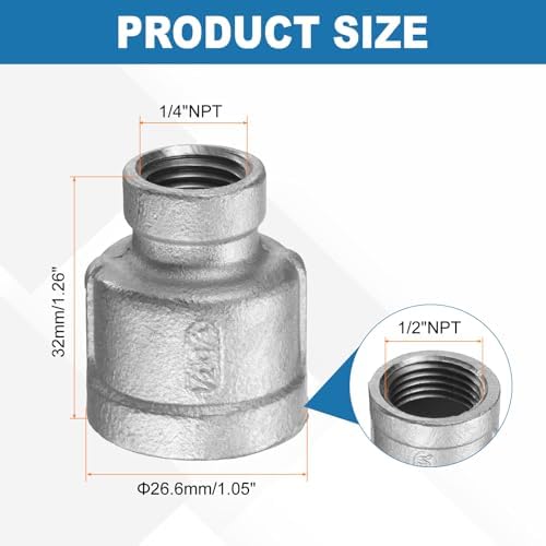 HARFINGTON Reducing Coupling 1/2"x1/4" NPT Female 304 Stainless Steel