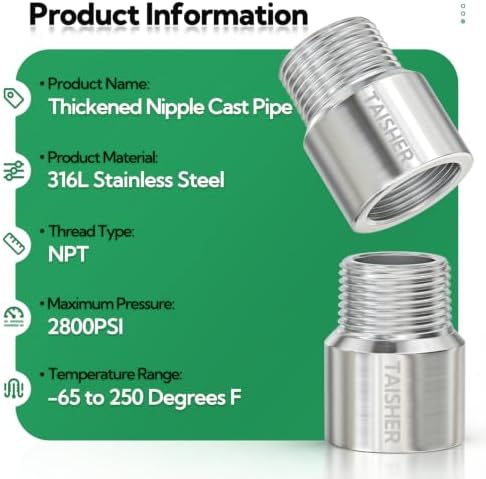 TAISHER 2Pcs 316 Nipple Cast Pipe,1"Male NPT x 1"Female NPT, 2"(L)