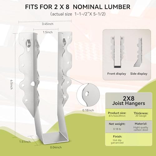 50 pcs 2x8 Joist Hanger,LU28 18 Gauge Galvanizing Face Mount Joist Hangers for Wood,Hurricane Tie for Rafter Fits Truss Connectors Rafter Hangers 2x8 Great for Floor Deck and Ceiling Joists