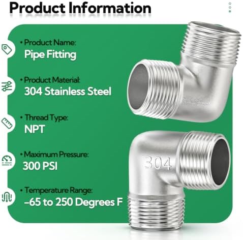 10PCS 304 Stainless Steel 90 Degree elbow,3/8" NPT Male × 3/8" NPT Male Thread Pipe Fitting