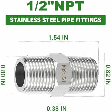 TAISHER 5PCS 304 SS New Hex Nipple,1/2" NPT Male, Pipe Adapter Fitting