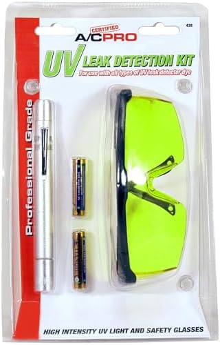 A/C Pro Certified Car Air Conditioner Stop Leak Detector Kit, Leak Detection Kit Detects O Ring and Hose Leaks, Includes Protective Glasses and Pen Light
