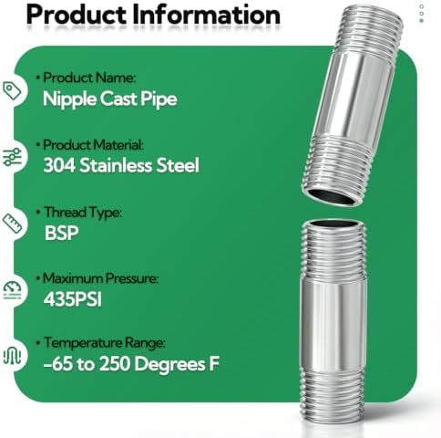 TAISHER 2Pcs 304 SS Nipple Cast Pipe Fitting, 3/8" BSP Male, 2" Length
