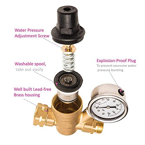 Hourleey Water Pressure Regulator Valve, RV Brass with Gauge and Inlet Screened Filter for Camper Trailer