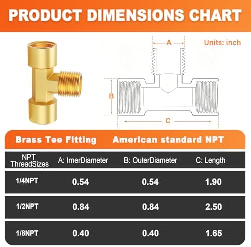 GASHER 2PCS Metals Brass Pipe Fitting Barstock Male Branch Tee T Adapter 1/8" NPT Female x 1/8" NPT Female x 1/8" NPT Male