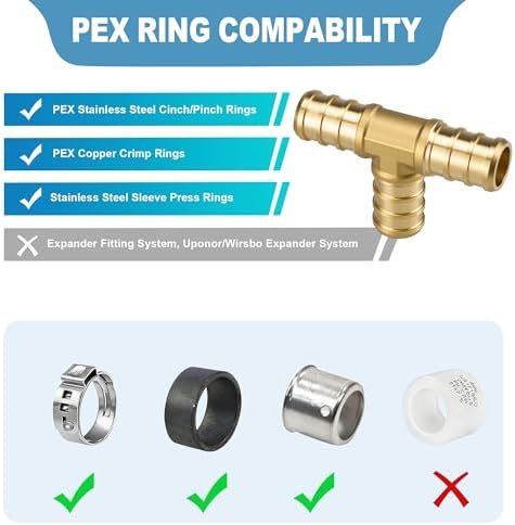25 Pack 1/2" PEX Fittings,1/2" PEX Tee,Heavy-Duty Brass Crimp Fittings for PEX Pipes with Leak-Resistant Construction,1/2 Pex-B Fittings for PEX Piple Plumbing