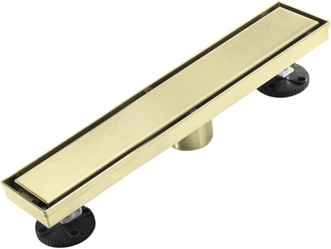 Linear Shower Floor Drain, Brushed Gold 12 Inch 304 Stainless Steel Bathroom Drains Kit, Rectangular Shower Trench Drain with Reversable Tile-in Pattern Drain Cover & Hair Catcher