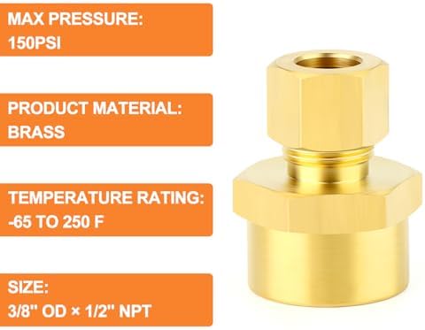GASHER 5PCS Brass Compression Union Tube Pipe Fitting Connector, 3/8" Tube OD x 1/2" NPT Female Connector