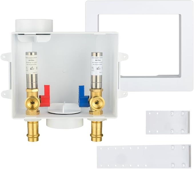 EFIELD Washing Machine Outlet Box, 1/2-inch Copper Press Inlet with Center Drain, White (SS Water Hammer Arrestor),(WM056)