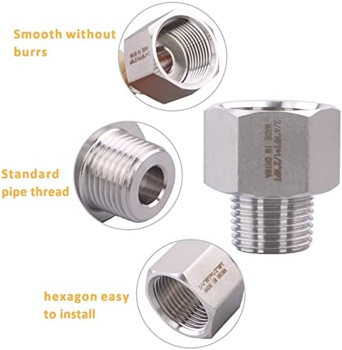Forged Reducer Adapter Fitting - Stainless Steel 304 Reducing Pipe Connector, 3/4" NPT Female x 1/2" NPT Male (pack of 5)