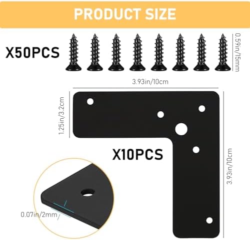 Flat L Brackets, 10pcs Flat L Right Angle Brackets, Black Flat Mending Plates, Corner Brackets Flat Repair Plate Corner Braces, Corner Stealth Speed Brace Brackets, 4"×4"×1¼", Load 33 Lbs (L Type)