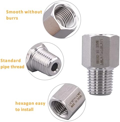 Forged Reducer Adapter Fitting - Stainless Steel 304 Reducing Pipe Connector, 1/4" NPT Female x 1/4" NPT Male (pack of 5)