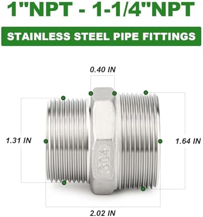 TAISHER 2PCS Cast 304 Stainless Steel Hex Nipple, Reducer Pipe Fitting 1-1/4" NPT Male x 1" NPT Male