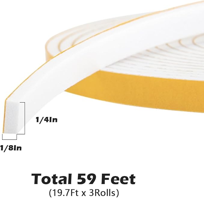 White Door Window Weather Stripping 59 Feet, Self Adhesive Foam Tape High Density Foam Sealing Strip Window Insulation Gasket Tape 1/4 Inch Wide X 1/8 Inch Thick, 19.7 Ft x 3Rolls