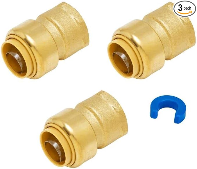SUNGATOR 3/4 Inch Female Adapter, 3/4 Inch FNPT, No Lead Brass Push-to-Connect Plumbing Fitting for PEX Pipe, Copper, CPVC, With 1 Disconnect Clip, Pack of 3