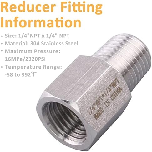 Forged Reducer Adapter Fitting - Stainless Steel 304 Reducing Pipe Connector, 1/4" NPT Female x 1/4" NPT Male (pack of 5)