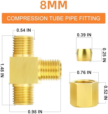 GASHER 2PCS Brass Compression Tube Pipe Fitting Connector, Tee，8mm x 8mm x 8mm Tube OD Connector