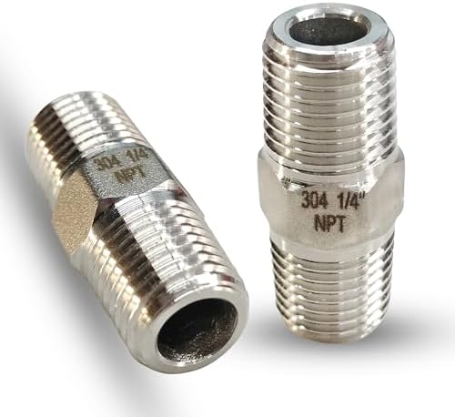 1/4" Male x 1/4" Male Hex Nipple Pipe Fittings, 304 Stainless Steel 1/4 inch NPT Male Threaded Pipe Adapter Fittings Equal Nipples Connectors, Male Straight Connector Pipe Fitting (1/4“, 2pcs)