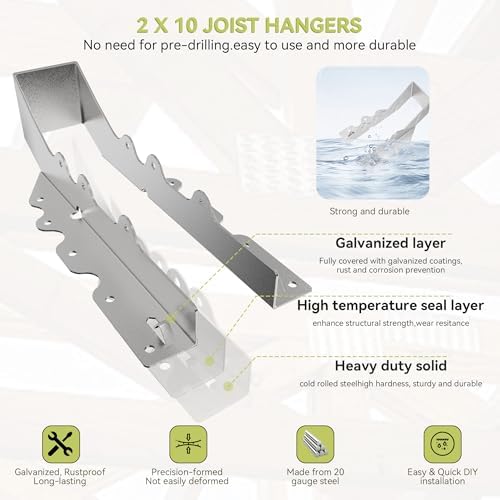 50pcs 2x10 Joist Hanger,LU210 18 Gauge Galvanizing Face Mount Joist Hangers for Wood,Hurricane Tie for Rafter Fits Truss Connectors,Rafter Hangers 2x10 Great for Floor Deck and Ceiling Joists