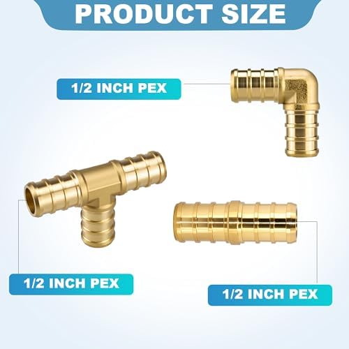 30 Pack 1/2" Pex Fittings Set, 10 Pcs Each Elbow,Tee and Coupling,Heavy-Duty Brass Crimp Fittings for PEX Pipes with Leak-Resistant Construction