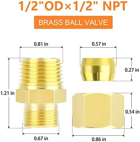 GASHER 5PCS Brass Compression Tube Pipe Fitting Connector, 1/2" Tube OD x 1/2" NPT Male Connector