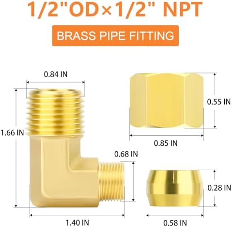 GASHER 5PCS Brass 90 Degree Elbow Compression Tube Pipe Fitting Connector, 1/2" Tube OD x 1/2" NPT Male Connector