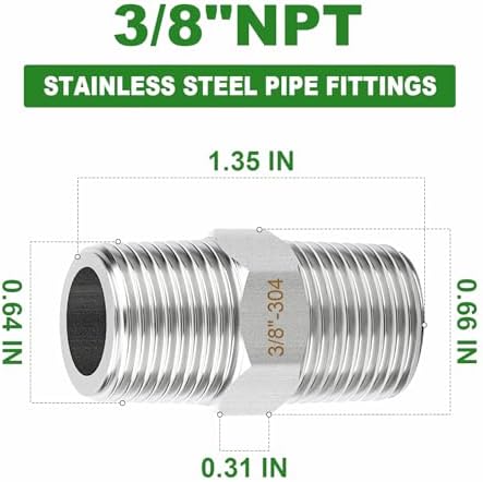 TAISHER 5PCS 304 SS New Hex Nipple,3/8" NPT Male, Pipe Adapter Fitting