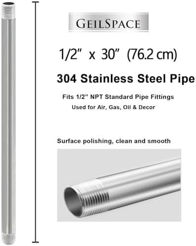 GeilSpace 1/2" x 30" 304 Stainless Steel Nipple Pipe Fitting, NPT Threaded
