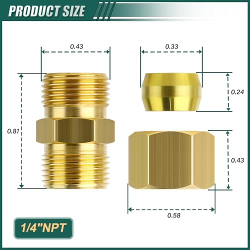 20PCS Brass Compression Tube Pipe Fittings, 1/4" OD