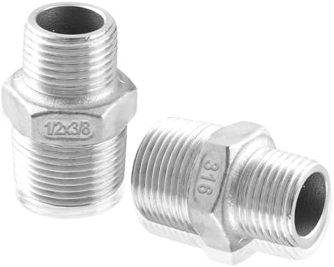 2-Pack 316 Stainless Steel Reducing Hex Nipple, 1/2" NPT Male x 3/8" NPT Male Pipe Fitting Adapter - Corrosion Resistant Reducer Connector for Plumbing, Hydraulic Systems (1/2" to 3/8")