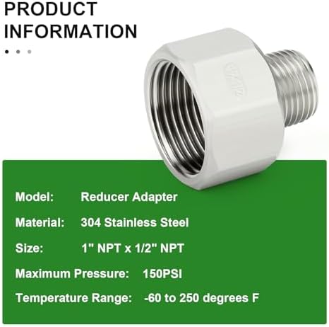 TAISHER 5PCS 304 Stainless Steel Pipe Fitting, Reducer Adapter, 1/2" NPT Male x 1" NPT Female, Reducing Pipe Adapter Fitting