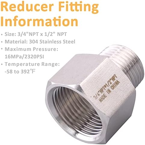 Forged Reducer Adapter Fitting - Stainless Steel 304 Reducing Pipe Connector, 3/4" NPT Female x 1/2" NPT Male (pack of 2)