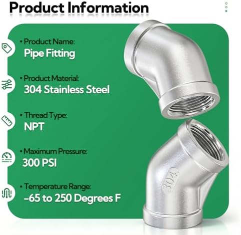TAISHER 2PCS 304 Stainless Steel 45 Degree elbow,1 Inch NPT Female Pipe to 1 Inch NPT Female 304 Stainless Pipe Fitting
