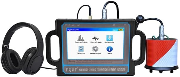PQWT CL600 Water Leak Detectors for Home and Outside Wall Water Pipe Detector Acoustic Pipeline Leakage Detection Kit Professional Sensor Noise Reduce Headphone LSD Touchscreen Carry Case 6 Meters