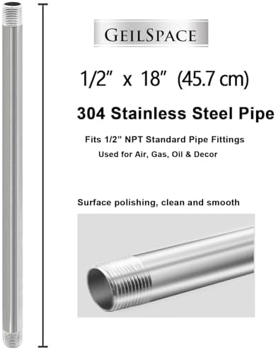 GeilSpace 1/2" x 18" 304 Stainless Steel Nipple Pipe Fitting, NPT Threaded