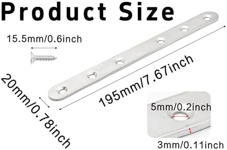 7.6 Inch Stainless Steel Straight Brace, Flat Straight Support, Repair Fixed Bracket Connector, Heavy Duty Furniture Repair Fixing Joint with Screw, 2PCS