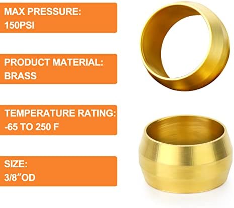 GASHER 100PCS Brass Compression Fitting, Brass Compression Sleeve Ferrules 3/8" Tube OD