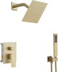 Brushed Gold Shower System 6 Inch Bathroom Luxury Rain Mixer Shower Combo Set Wall Mounted Rainfall Shower Head and Handheld System Shower Faucet Set Rough-in Valve Body and Trim Kit