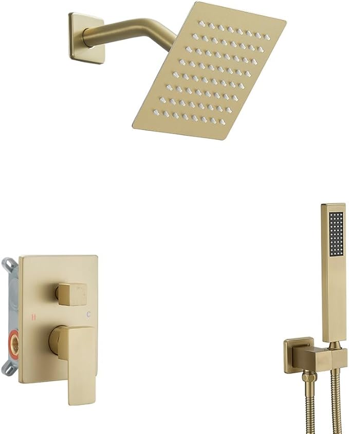 Brushed Gold Shower System 6 Inch Bathroom Luxury Rain Mixer Shower Combo Set Wall Mounted Rainfall Shower Head and Handheld System Shower Faucet Set Rough-in Valve Body and Trim Kit
