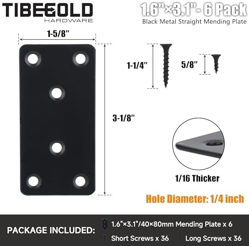 Mending Plate, Metal Steel Flat Straight Brace Bracket, Black Double-Wide Joining Plate for Wood Furniture Fastening & Fixing with 2 Sets of Screws of Different Lengths (40x80mm, 6 Pack)