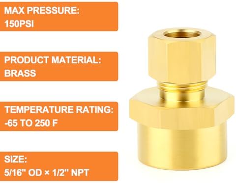 GASHER 5PCS Brass Compression Union Tube Pipe Fitting Connector, 5/16" Tube OD x 1/2" NPT Female Connector