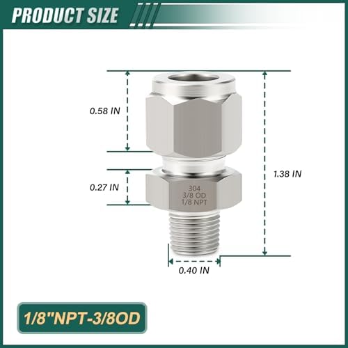 304 Stainless Steel Compression Tube Fittings, 3/8" Tube OD x 1/8" NPT Male Straight Adapter, 5PCS for Fuel/Air/Liquid/Oil/Gas/Vacuum Lines