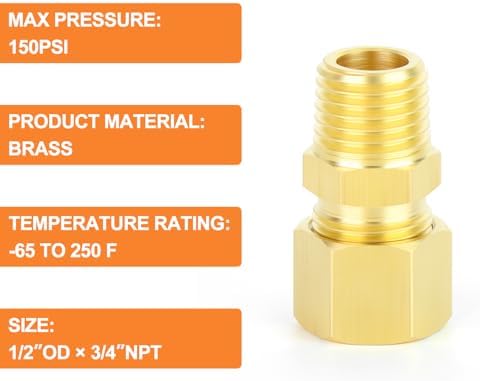 GASHER 2PCS Brass Compression Tube Pipe Fitting Connector, 1/2" Tube OD x 3/4" NPT Male Connector