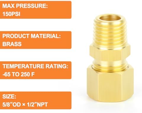 GASHER 5PCS Brass Compression Tube Pipe Fitting Connector, 5/8" Tube OD x 1/2" NPT Male Connector