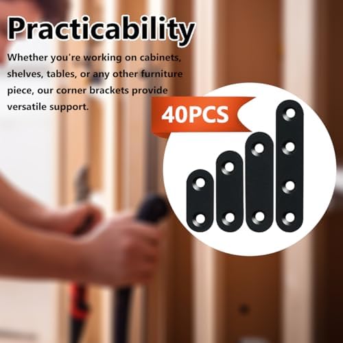 QSJ 40 Pack Black Corner Braces Flat Bracket Set 1.42/1.81/2.2/3inch Stainless Steel Metal Plate for Wood